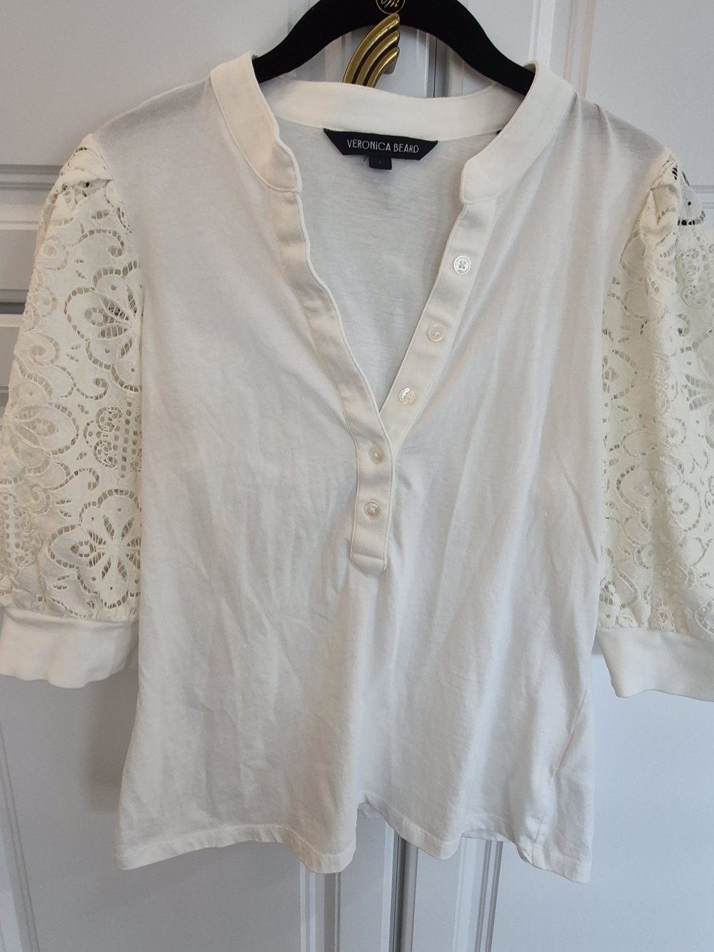 Veronica Beard Coralee Cream Lace Puff Sleeve Henley Top S